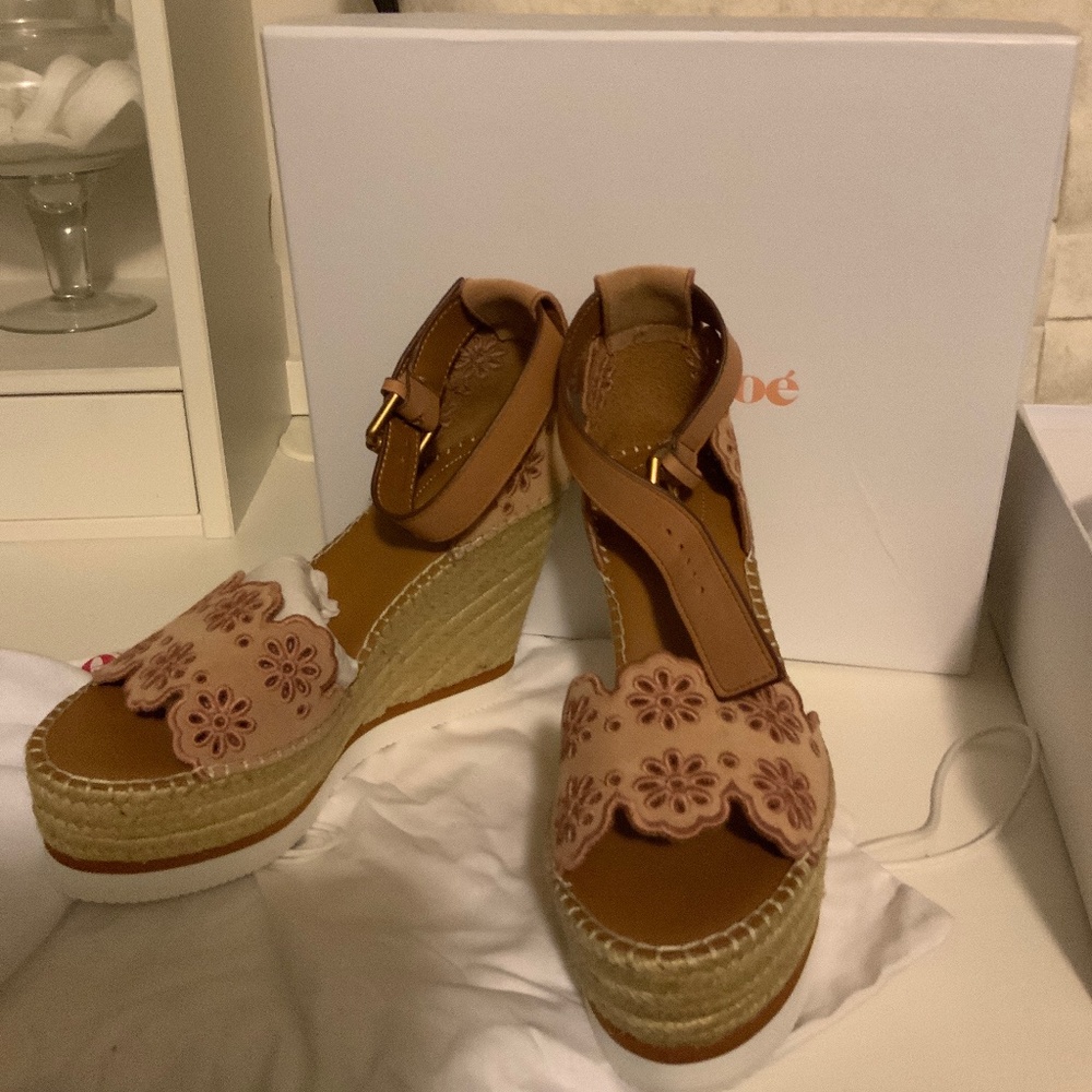 See by Chloe pink floral laser cut suede espadrille wedge, size 8 (38), nwt